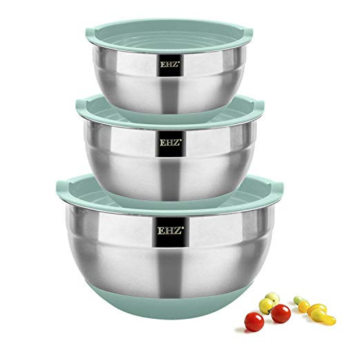 EHZ Mixing Bowls Stainless Steel, Prep Salad Bowl Set with Lids Non-slip Silicone Bottom Nesting Mixing Bowl for Cooking, Baking, Prepping & Food Storage (Aqua-6pcs)