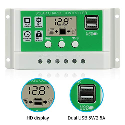 PowMr 10a PWM Charge Controller, 12V 24V Solar Controller 10amp with Dual USB Port Charge Regulator
