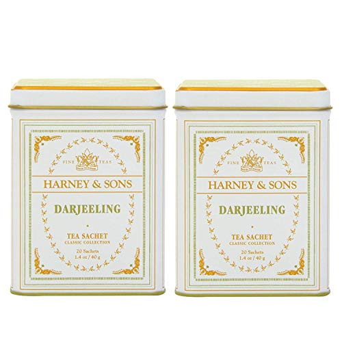 Harney & Son's Darjeeling Tea Tin 20 Sachets (1.4 oz ea, Two Pack) - Black Tea with Floral Notes - 2 Pack 20ct Sachet Tins (40 Sachets)