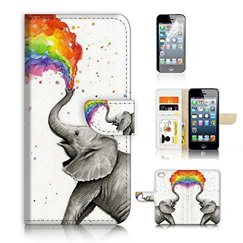 ( For iPhone 5 5S / iPhone SE ) Flip Wallet Case Cover and Screen Protector Bundle A3957 Elephant Rainbow