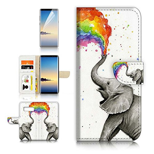 (for Samsung Note 8, Galaxy Note 8) Flip Wallet Case Cover & Screen Protector Bundle! A3957 Elephant Rainbow