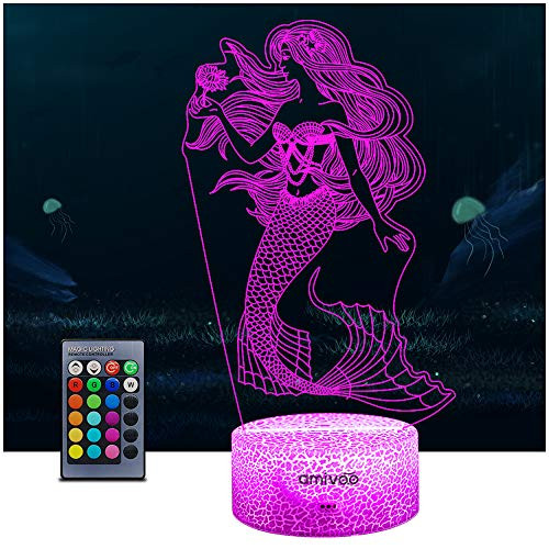AMIVOO 3D Illusion Lamp 16 Colors Changing Dimmable Bedside Lamp with Smart Touch & Remote Control 3D Night Light for Kids Boys Girls Woman Christmas Birthday Gift Bedroom Decor (Mermaid)