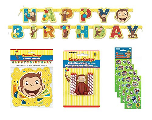 Curious George Cake Topper & Birthday Candle Set and Happy Birthday Banner (combo pack)