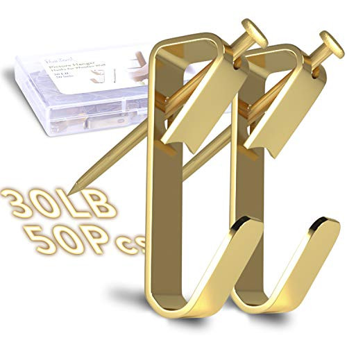 Picture Hangers, Picture Hooks for Hanging Pictures 30LB Frame Hooks Picture Hangers Heavy Duty Hardware Hanger Kit 50Pcs Wooden Wall Painting Hangers Hooks and Nails for Pictures