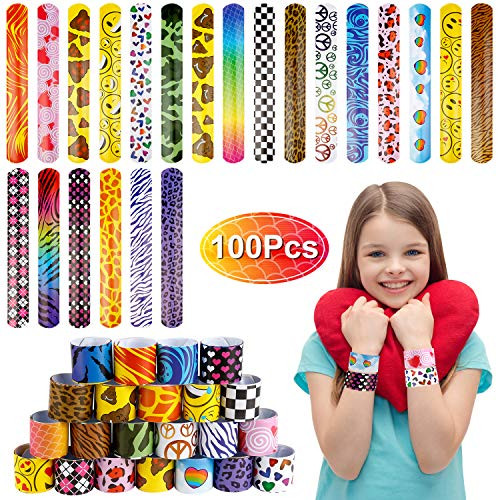 OKROSTOY 100 Pcs Pretty Slap Bracelets Slap Wrist Bands Snap Bulk Bracelets Slap Bracelets for Kids Party Favors Gifts, Multiple Designs