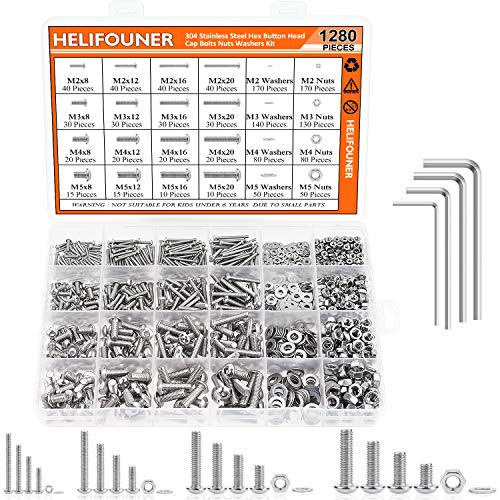 HELIFOUNER 1280 Pieces Button Head Socket Cap Screw Bolts, Flat Washers and Nuts Assortment Kit, Stainless Steel 304, Full Thread (M2 M3 M4 M5)