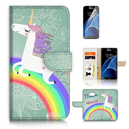 ( For Samsung S7 Edge , Galaxy S7 Edge ) Flip Wallet Case Cover & Screen Protector Bundle - A9287 Unicorn Pony Horse Rainbow
