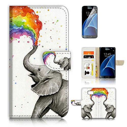 ( For Samsung S7 Edge , Galaxy S7 Edge ) Flip Wallet Case Cover & Screen Protector Bundle - A3957 Rainbow Elephant