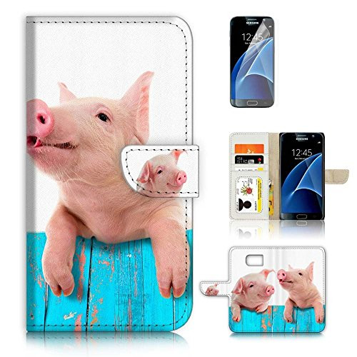 for Samsung S7 Edge, Flip Wallet Case Cover & Screen Protector Bundle - A8645 Cute Baby Pig