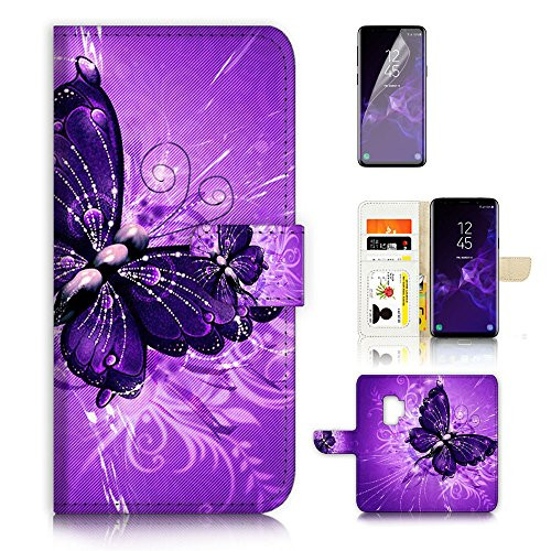 (for Samsung Galaxy S9) Flip Wallet Case Cover & Screen Protector Bundle - A8184 Purple Butterfly