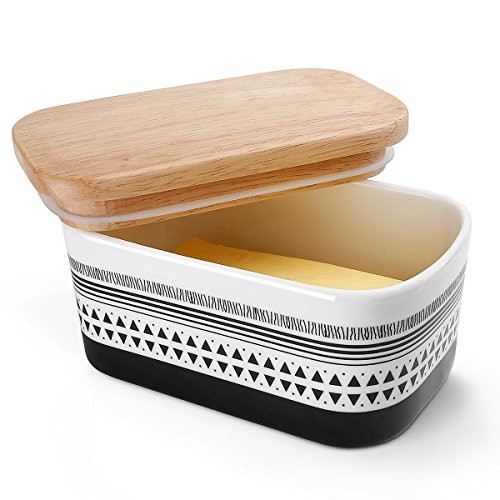 Sweese 303.157 Butter Dish - Porcelain Keeper with Airtight Beech Wooden Lid, Holds Up to 2 Sticks of Butter, Stylish