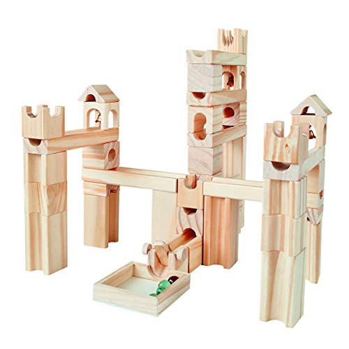 Onshine Wooden Marbles Run Toy Solid Wood Building Blocks Early Learning Construction Game 65 Pieces Set for Kids