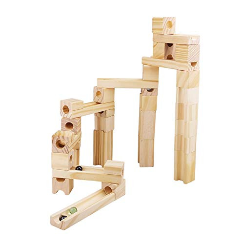 Onshine Wooden Marbles Run Block Toy Solid Wood Building Blocks Set Early Learning Construction Game for Kids (45pc Set)