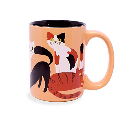 Wild Eye Designs Kitty Cat Family Coral Orange 16 Ounce Glazed Ceramic Midnight Black Interior Coffee Mug in Gift Box