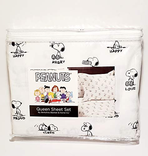 Black & White The Many Moods of Snoopy Peanuts - Happy Tired Love Sad Angry Proud Surprised - Queen Size Sheet Set (Flat, Fitted, Pillowcases)