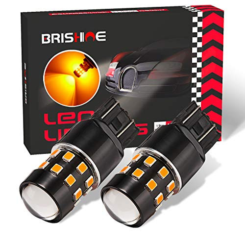 BRISHINE Super Bright 7443 7440 992 T20 7444NA LED Bulbs Amber Yellow 9-30V Non-Polarity 24-SMD LED Chipsets with Projector for Turn Signal Lights, Side Marker Lights(Pack of 2)