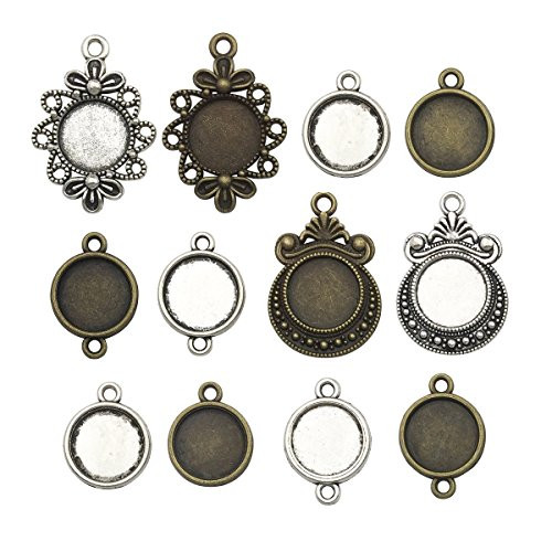 Fit 12mm Round Blank Bezel Pendant Trays Base Cabochon Settings Trays Pendant Blanks Neckalce Earrings Jewelry Making DIY Findings (60pcs mixed)