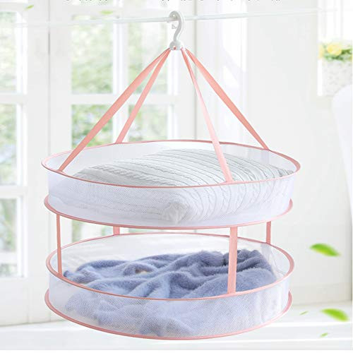 ARISKEY Mesh Clothes Hanging Dryer, Double-Layer Foldable Sweater Drying Basket Racks Hanging Clothes Laundry Net Mesh Basket Dryer Net for Lingerie Underwears Woollen Sweater Garments Plush (Pink)