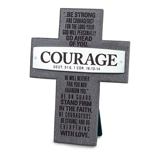 Lighthouse Christian Products Be Strong and Courageous Stand Firm Stone Grey 7 Inch Cast Stone Badge of Faith Cross Figurine