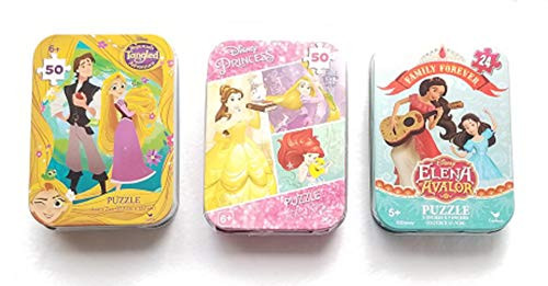Bundle of Three Mini Jigsaw Puzzles: Two 50-Piece Puzzles of Tangled & Princess Images and One 24-Piece Puzzle of Elena Images in Collectible Illustrated Travel Tins/Cases