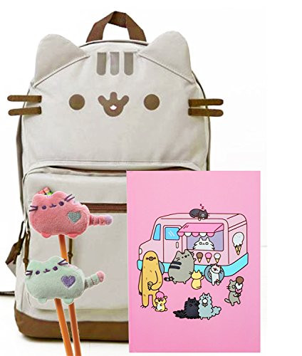Pusheen The Cat Back to School Set - Pusheen Cat Face Backpack, Pusheen Ice Cream Truck Notebook and Two Plush Pencil Toppers - Gift for Student 