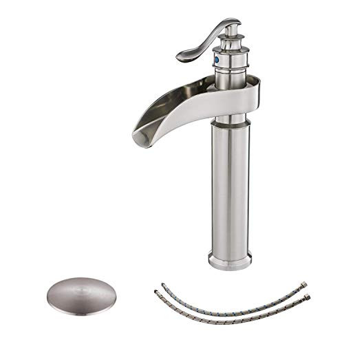 BWE Vessel Sink Faucet with Drain Assembly and Supply Line Single Handle One Hole Waterfall Bathroom Faucets Lavatory Basin Mixer Tap Brushed Nickel Tall Body