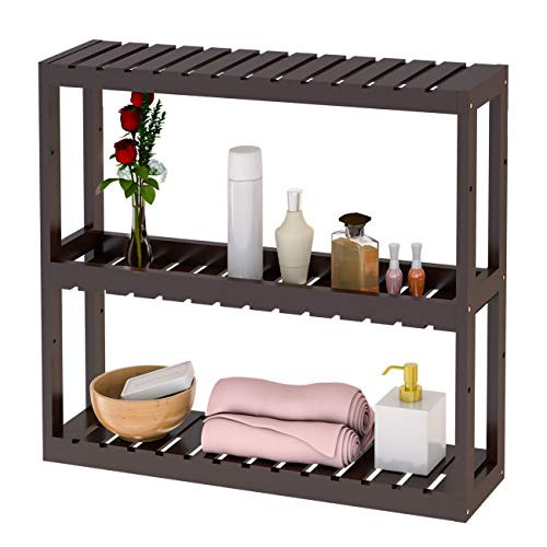 Domax Bamboo Bathroom Shelf 3-Tier Wall Mount Storage Rack Multifunctional Adjustable Layer Free Standing Over Toilet Utility Shelves Living Room Kitchen (Brown)