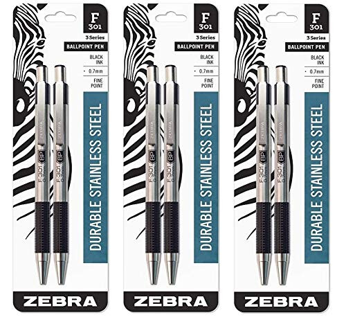 (3) Zebra F-301 Ballpoint Stainless Steel Retractable Pen, Fine Point, 0.7mm, Black Ink, 2-Count (27112)