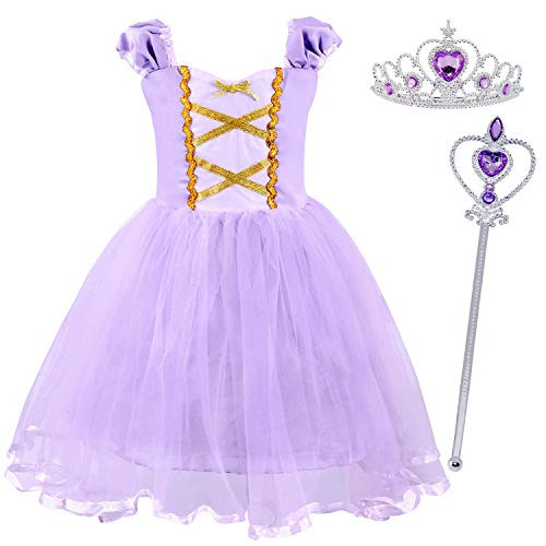 HenzWorld Little Girls Clothes Dresses Princess Costume Birthday Party Halloween Cosplay Purple Tutu Skirt Wand Crown Accessories Kids Age 5-6 Years Old