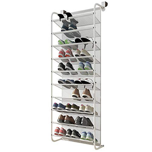 FKUO 10-Tier Over The Door Shoe Organizer Hanging Shoe Storage with 2 Customized Strong Metal Hooks for Closet Pantry Kitchen Accessory - Space Saving Solution (10 Layer, White)