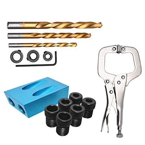 15Pcs Pocket Hole Jig,15 Degree Oblique Locator Kit with C Clamps, 6/8/10mm Drill Bits Woodworking Puncher Hole Jig Kit for Carpenters Angle Drilling Holes (Blue)