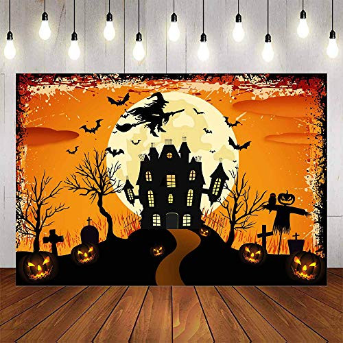 Avezano Halloween Backdrop 7x5ft Orange Night Moon Background Bat Castle Devil Pumpkin Happy Halloween Backdrops Witch Graveyard Photography Background Halloween Party Decoration