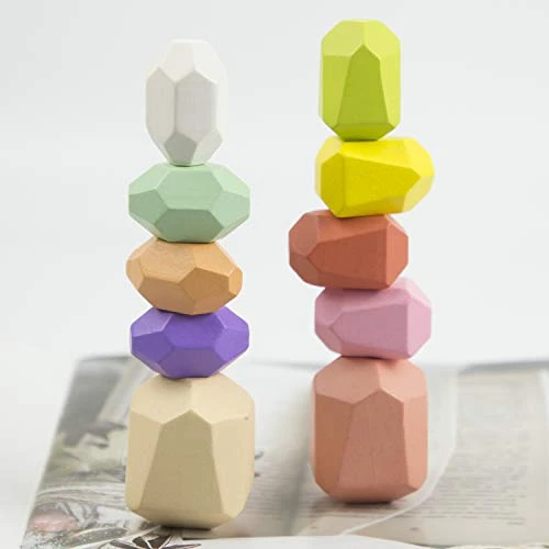 CY2SIDE Wooden Stacking Game, 10pcs Colored Natural Wood Balancing Stones, Fine Motor Skill Building Blocks Rocks, Educational Equilibrium Toys, Montessori Family Game, Learning Toys Gifts