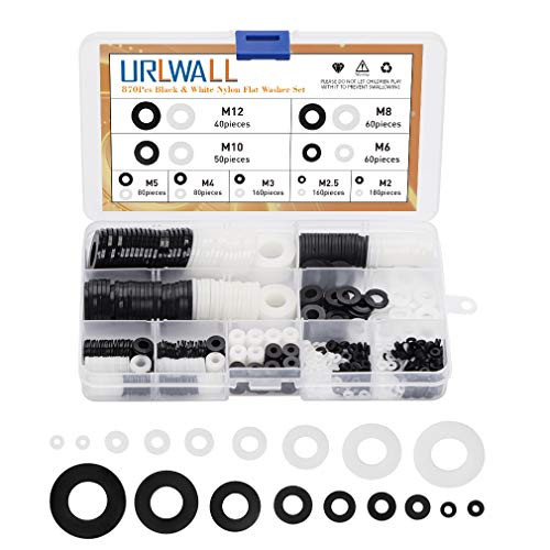 870PCS White&Black Nylon Flat Washer Assortment Kit Ring Nylon Washers Rubber Sealing Washers, M2, M2.5, M3, M4, M5, M6, M8, M10, M12 Nylon Spacer Round Insulation Flat Washer Gasket