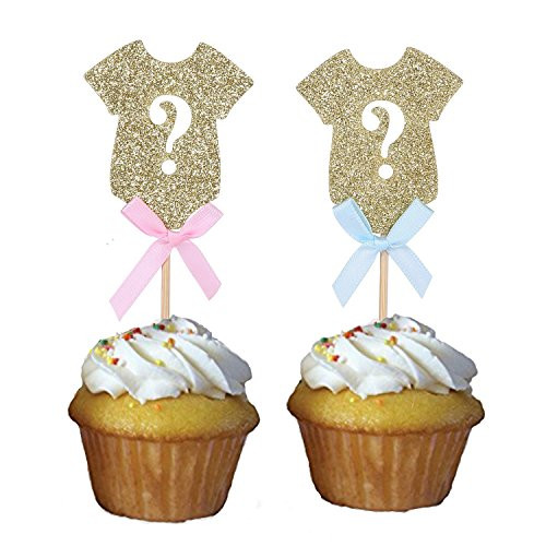 Set of 24 Gender Reveal Party Decors Gold onesie Question Mark Cupcake Toppers