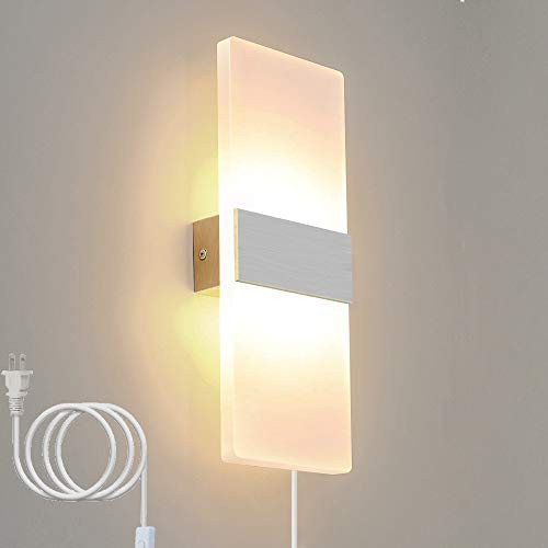 Bjour Wall Sconces Plug in Modern Up Down Wall Sconce 12W LED Wall Lamps Square Acrylic Wall Mounted Lights for Bedroom Hallway Balcony, Warm White
