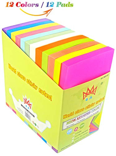 4A Sticky Notes,3 x 5 Inches,Neon Assorted,12 Colors,Self-Stick Notes,100 Sheets/Pad,12 Pads/Pack,4A 30512