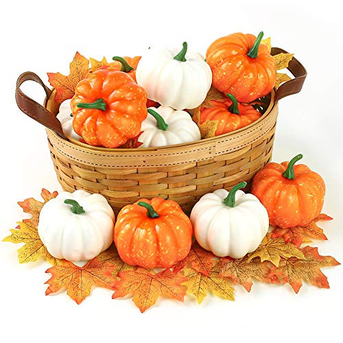 DomeStar Artificial Pumpkins, 12PCS Mini Fake Pumpkins with 30PCS Lifelike Maple Leaves, Faux Pumpkins Artificial Vegetables for Halloween Thanksgiving Decorations DomeStar Artificial Pumpkins, 12PCS Mini Fake Pumpkins with 30PCS Lifelike Maple Leaves, Faux Pumpkins Artificial Vegetables for Halloween Thanksgiving Decorations