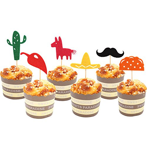 Fiesta Cupcake Toppers, Mexican Themed Cactus Donkey Taco Pepper Sombrero Mustache Party Decorations, 24 pcs Fiesta Cupcake Toppers, Mexican Themed Cactus Donkey Taco Pepper Sombrero Mustache Party Decorations, 24 pcs