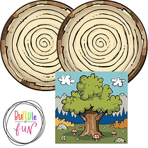 Woodland Friends Woodgrain Party Supplies Bundle Pack of Dinner Plates and Napkins for 16 Guests plus Bundle of Fun Sticker