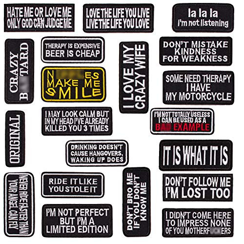 U-Sky 20pcs Assorted Iron on Word Patches for Motorcycle Biker Vest Different Embroidered Iron-on Slogan Letter Patch for Backpacks Sew on Appliques for Jean Jackets Bicycle Bags Caps Clothing