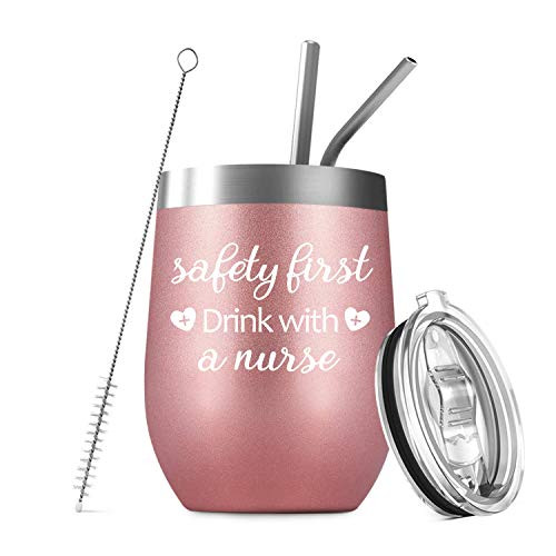 Deitybless Safety 1st Drink with a Nurse - Nurse Gifts for Women - 12 oz Stemless Wine Tumbler with Lid and Straw, Stainless Steel Mug