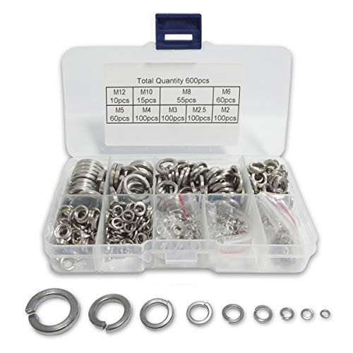 600Pcs Spring Washer Combination, 9 Sizes GB93 304 Stainless Steel Flat Washers Assortment Kit - M2 M2.5 M3 M4 M5 M6 M8 M10 M12