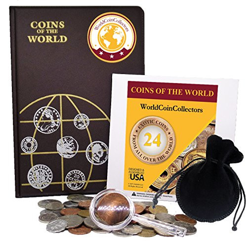 Zaioo World Coin Collectors Starter Kit ? 24 Coins from All Over The World + Coin Album + Magnifying Lens + Coin Bag Coins of The World Bundle