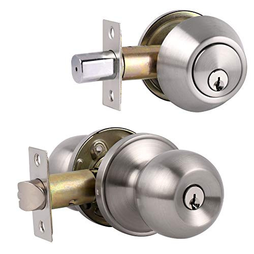 Probrico Satin Nickel Entry Door Knob and Double Cylinder Deadbolt Combo Pack, Keyed on Both Sides, Front Door and Exterior Gate Lockset Hardware