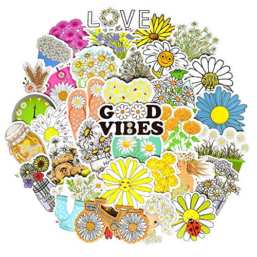 Waterproof Flower Vinyl Stickers for Water Bottle Laptop Scrapbooking (50 Pcs Daisy Style)