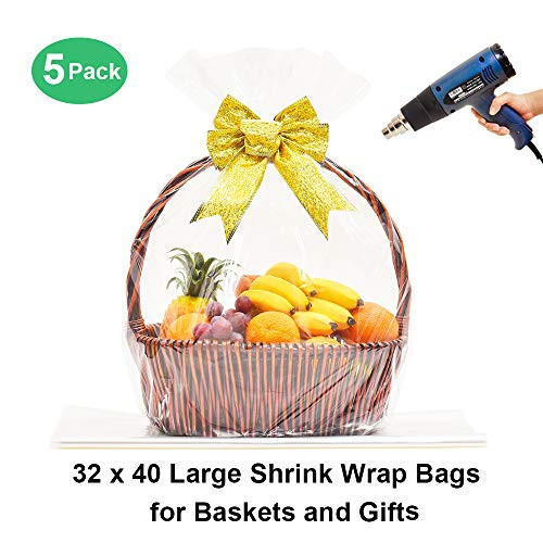 LazyMe 32x40 inch, Basket Cellophane Shrink Bags,  Shrink Wrap Bags Large, Clear, 5 Packs