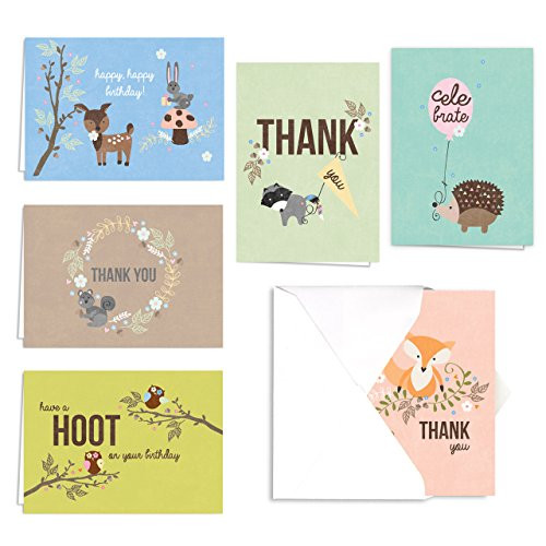 Woodland Animals Birthday and Thank You Note Card Assortment Pack - Set of 36 Cards - 6 of Each Design, Blank Inside - with envelopes