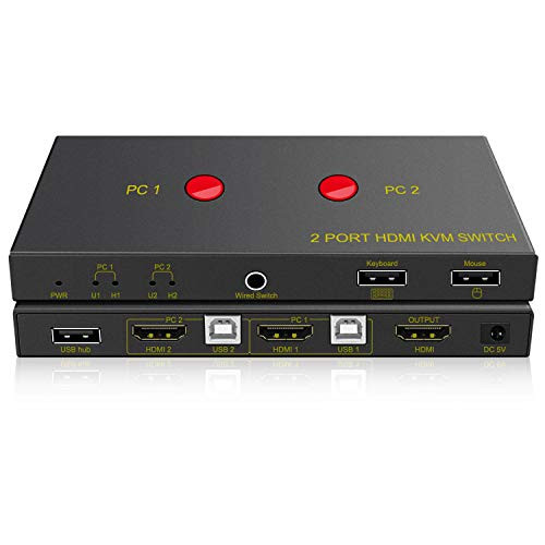 KVM Switch HDMI 2 Port?2 Port KVM Switches Keyboard Mouse Switcher?2 in 1 Out Manual Switcher with USB Cables for Computer, PC, Laptop, Desktop, Monitor, Printer, Keyboard, Mouse Control