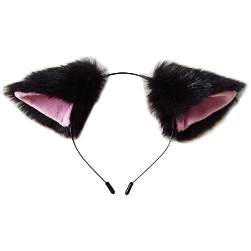 Cute girl Cat Fox Ears Long Fur Hair Headband Anime Cosplay Party Costume Black & Pink